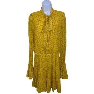 Alexis Elizabetta Long Sleeve Mini Dress Yellow Floral Print Size Small Tie Neck